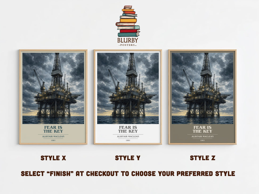 Fear Is the Key book cover print in frame leaning in hallway – thriller wall art (mockup)