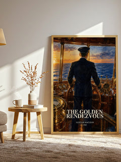 The Golden Rendezvous watercolour print in frame leaning in hallway – thriller wall art