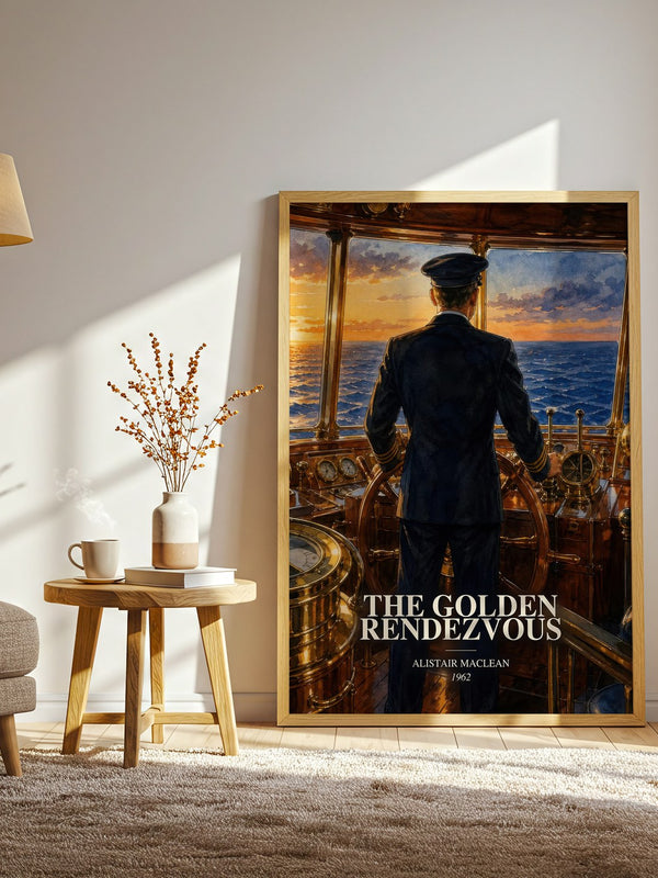 The Golden Rendezvous watercolour print in frame leaning in hallway – thriller wall art