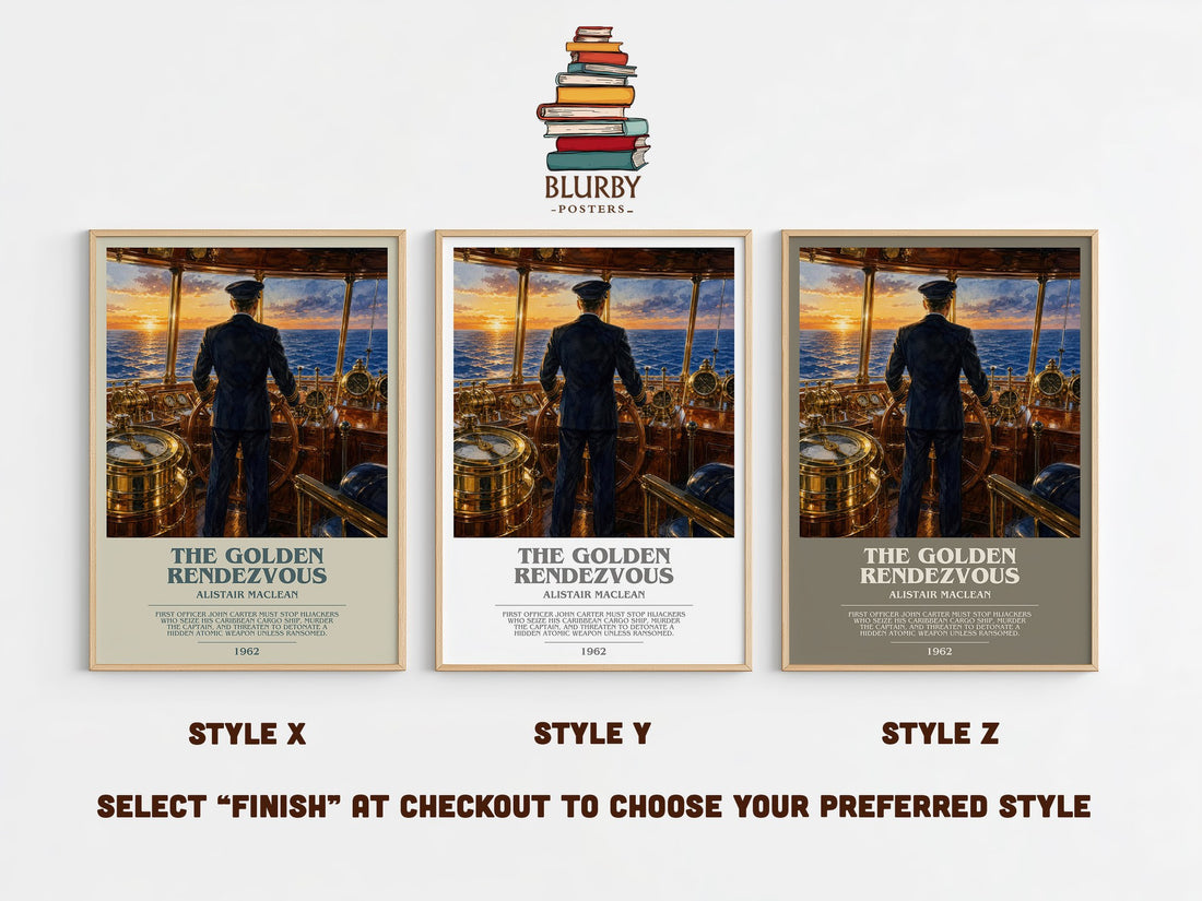 The Golden Rendezvous bookish print in frame leaning in hallway – thriller wall art (mockup)