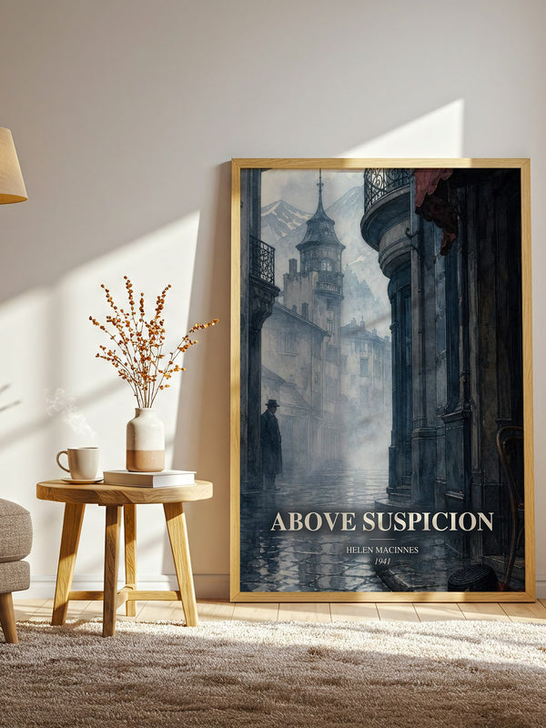 Above Suspicion watercolour print in frame leaning in hallway – thriller wall art