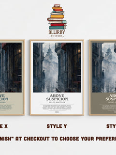 Above Suspicion bookish print in frame leaning in hallway – thriller wall art