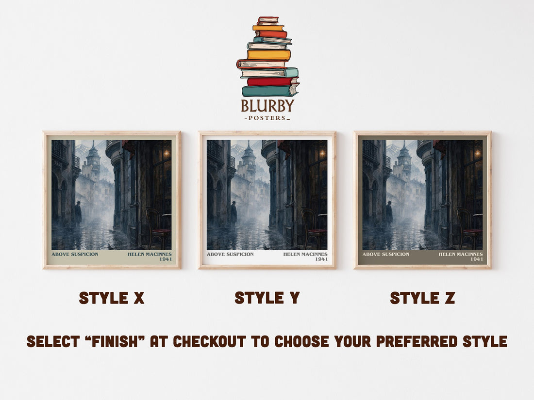Above Suspicion literary print in frame leaning in hallway – thriller wall art (mockup)