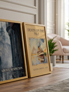 Above Suspicion watercolour print framed by window – literary home decor