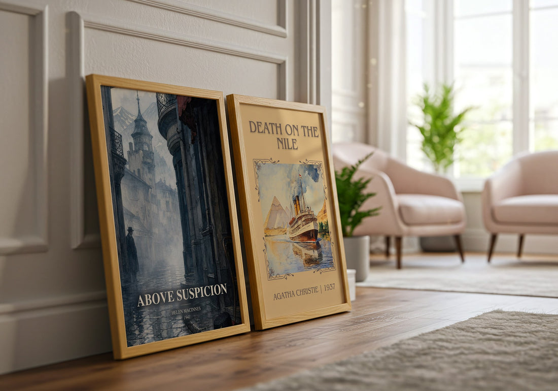 Above Suspicion watercolour print framed by window – literary home decor