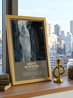 Above Suspicion bookish print framed by window – literary home decor