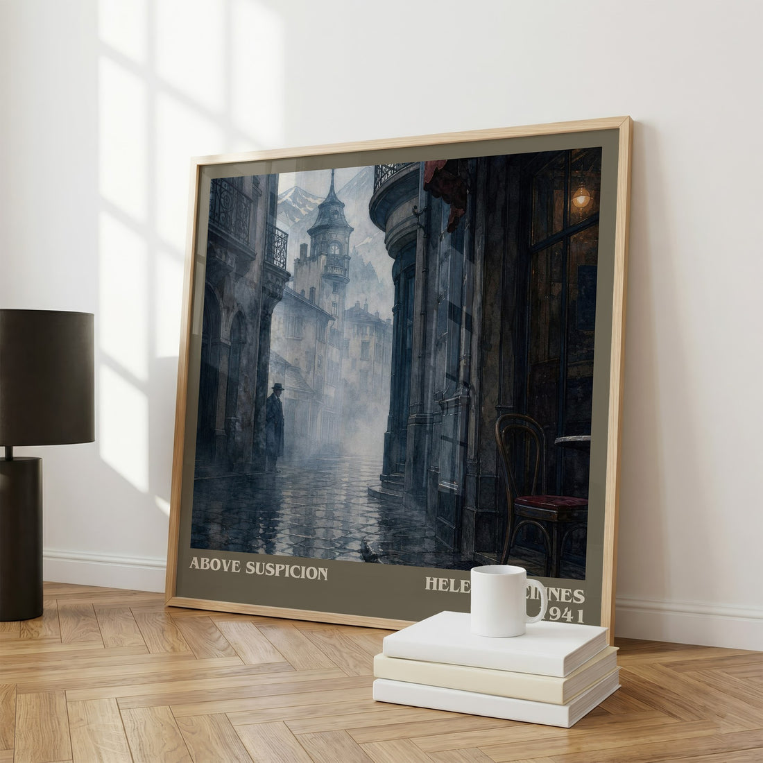 Above Suspicion literary print framed by window – literary home decor