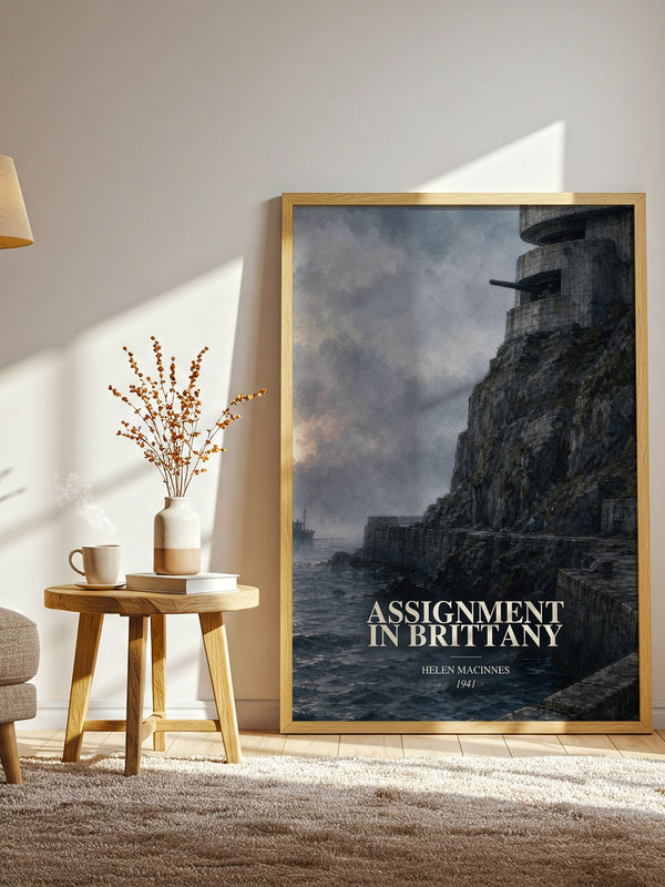 Assignment in Brittany watercolour print in frame leaning in hallway – thriller wall art