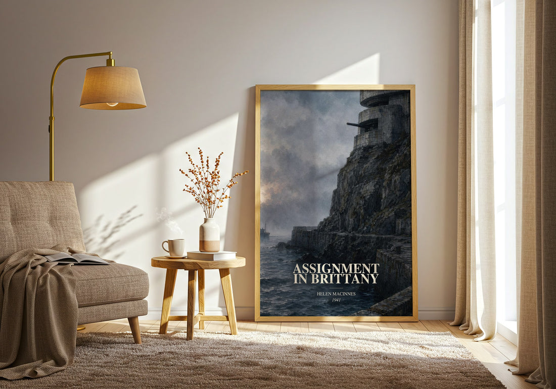 Assignment in Brittany watercolour print in frame leaning in hallway – thriller wall art (mockup)