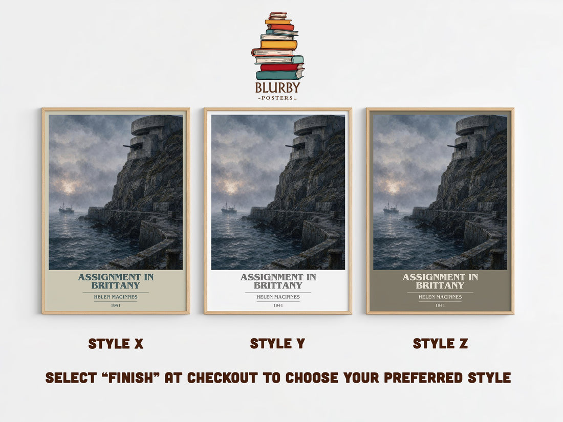 Assignment in Brittany book cover print in frame leaning in hallway – thriller wall art (mockup)