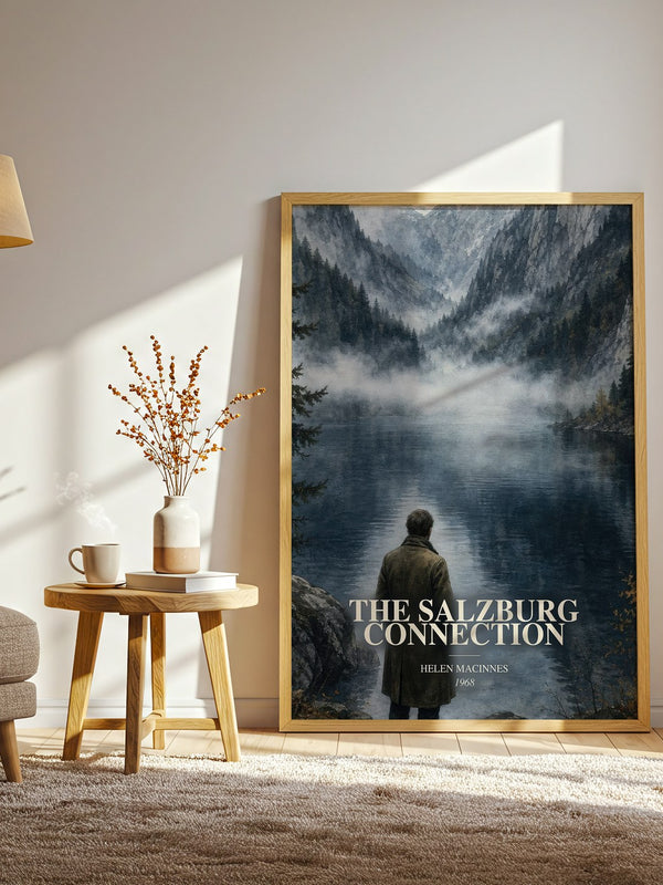 The Salzburg Connection watercolour print in frame leaning in hallway – thriller wall art