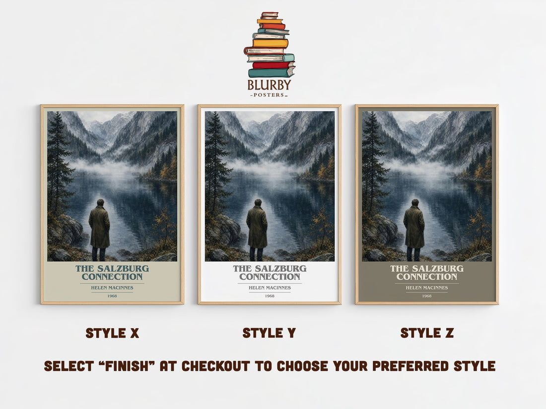 The Salzburg Connection book cover print in frame leaning in hallway – thriller wall art (mockup)