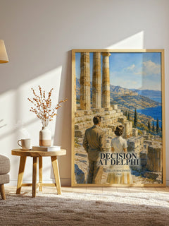 Decision at Delphi watercolour print in frame leaning in hallway – thriller wall art
