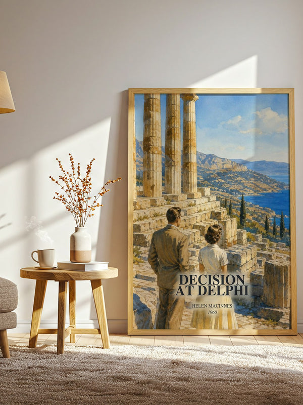 Decision at Delphi watercolour print in frame leaning in hallway – thriller wall art