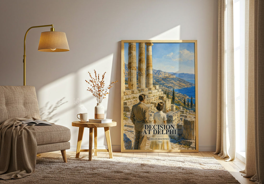 Decision at Delphi watercolour print in frame leaning in hallway – thriller wall art (mockup)