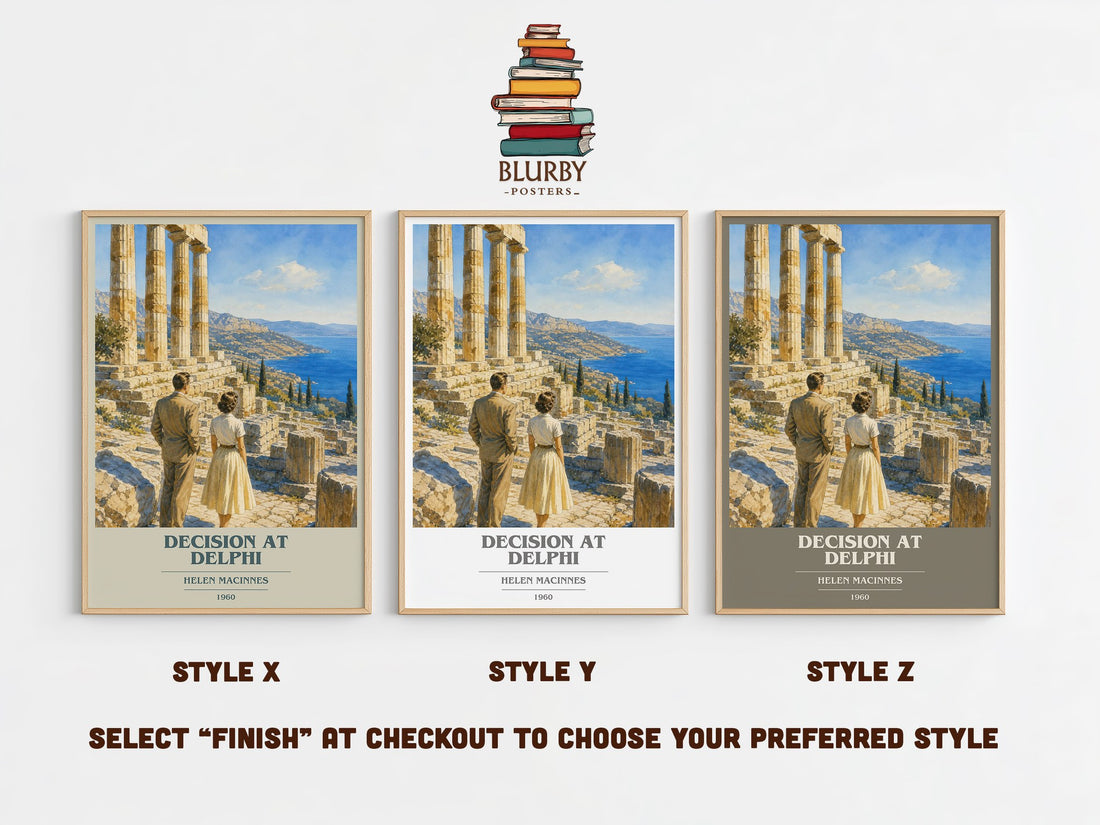 Decision at Delphi book cover print in frame leaning in hallway – thriller wall art (mockup)