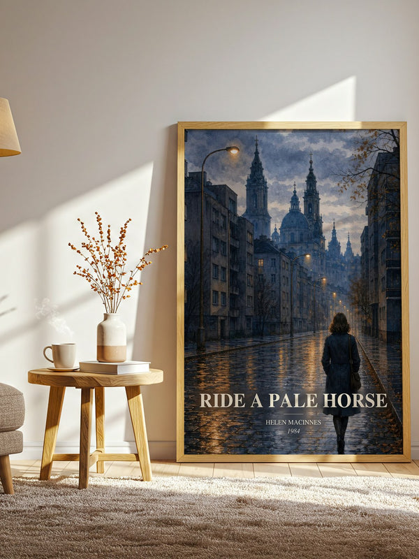Ride a Pale Horse watercolour print in frame leaning in hallway – thriller wall art