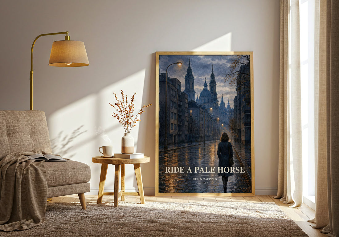 Ride a Pale Horse watercolour print in frame leaning in hallway – thriller wall art (mockup)