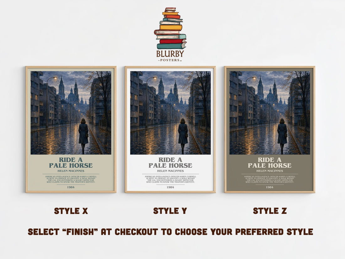 Ride a Pale Horse bookish print in frame leaning in hallway – thriller wall art (mockup)