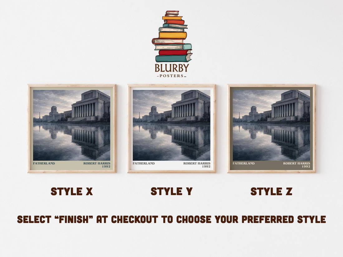 Fatherland literary print in frame leaning in hallway – thriller wall art (mockup)