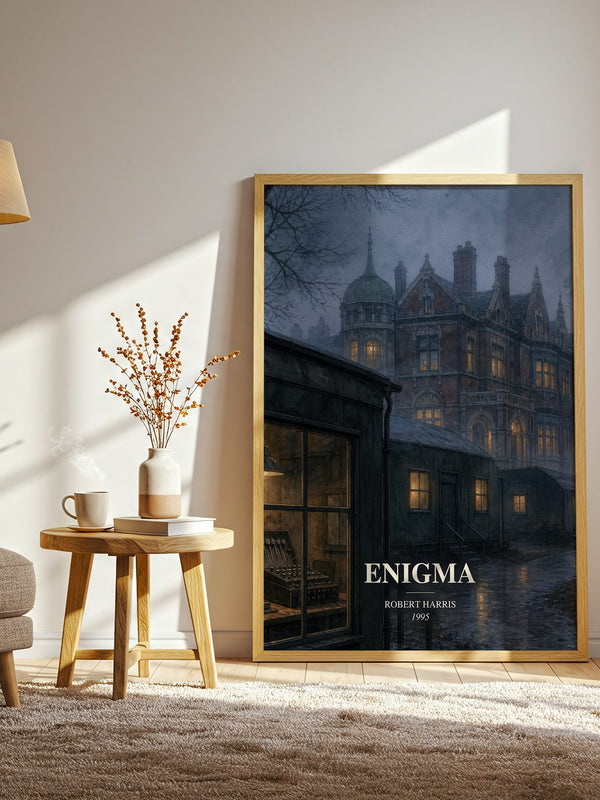 Enigma watercolour print in frame leaning in hallway – thriller wall art