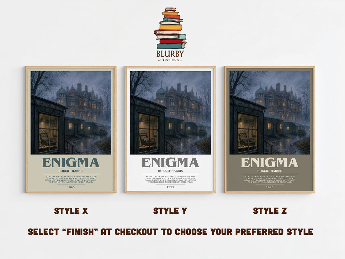 Enigma bookish print in frame leaning in hallway – thriller wall art (mockup)