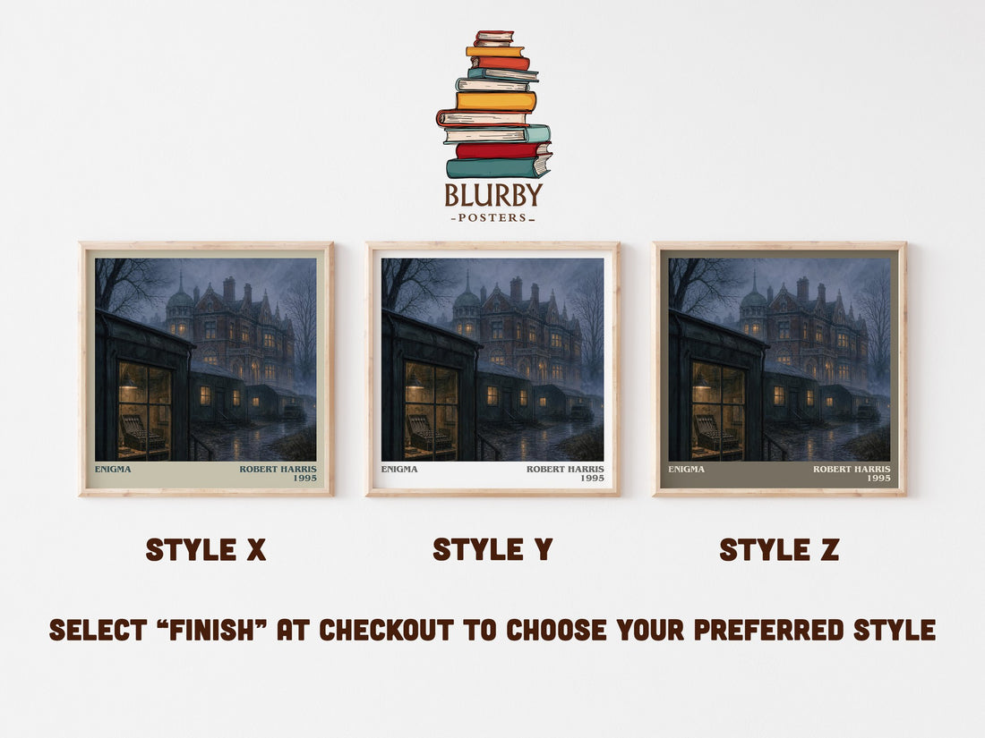 Enigma literary print in frame leaning in hallway – thriller wall art (mockup)
