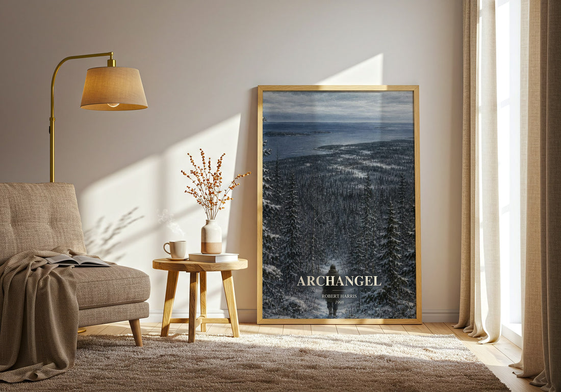 Archangel watercolour print in frame leaning in hallway – thriller wall art (mockup)