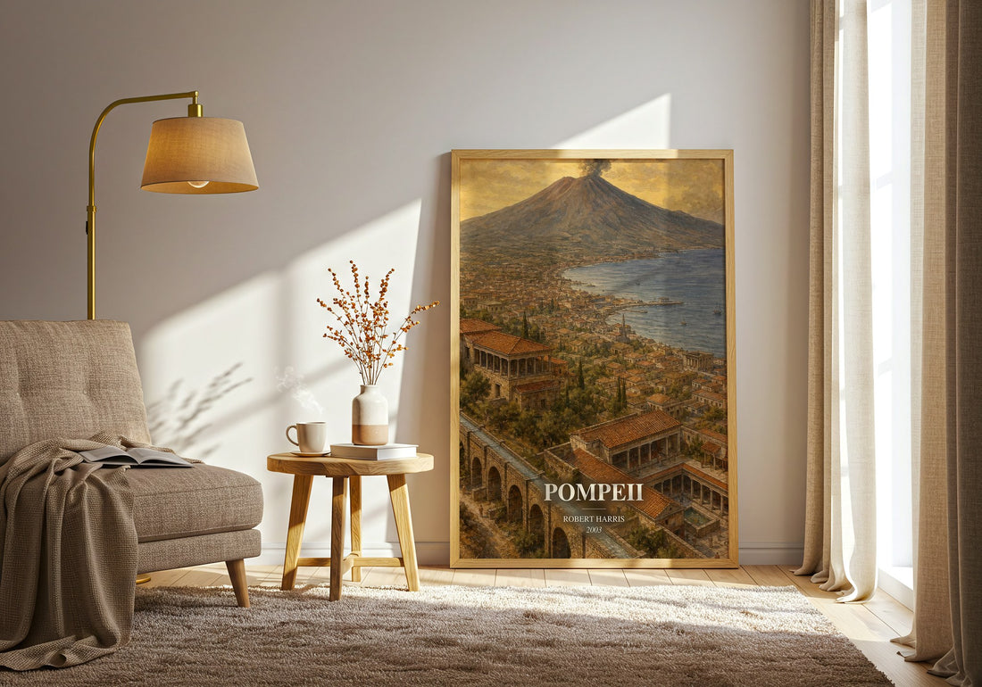 Pompeii watercolour print in frame leaning in hallway – historical fiction wall art (mockup)