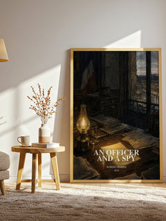 An Officer and a Spy watercolour print in frame leaning in hallway – historical fiction wall art