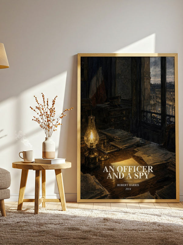 An Officer and a Spy watercolour print in frame leaning in hallway – historical fiction wall art