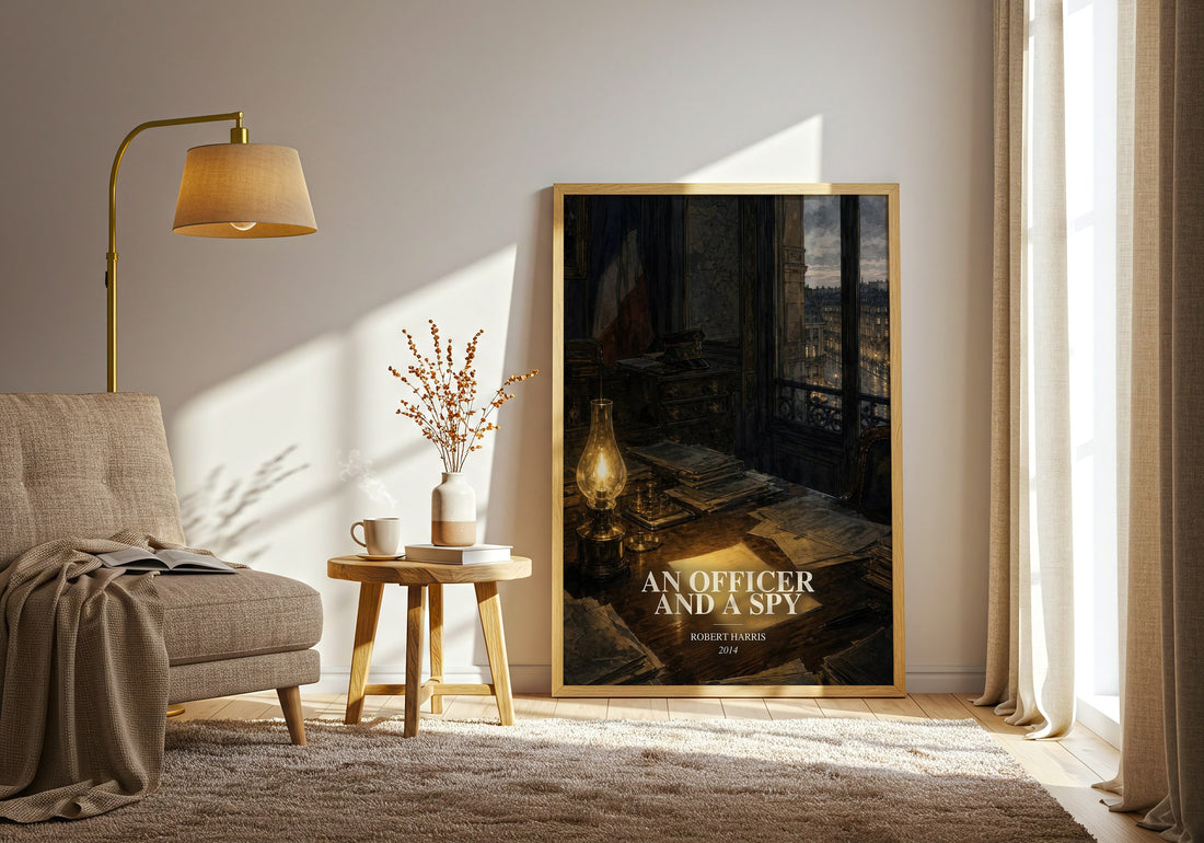 An Officer and a Spy watercolour print in frame leaning in hallway – historical fiction wall art (mockup)