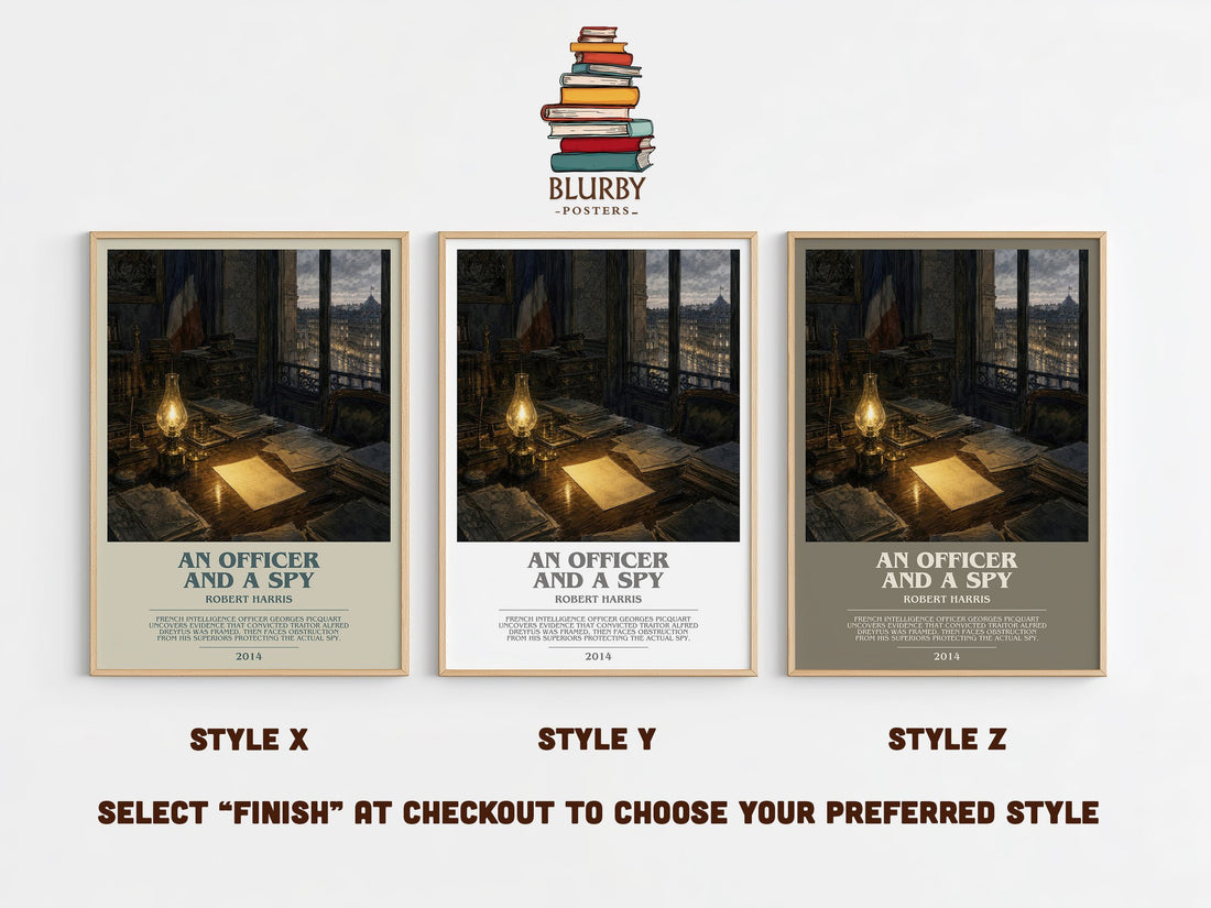 An Officer and a Spy bookish print in frame leaning in hallway – historical fiction wall art (mockup)