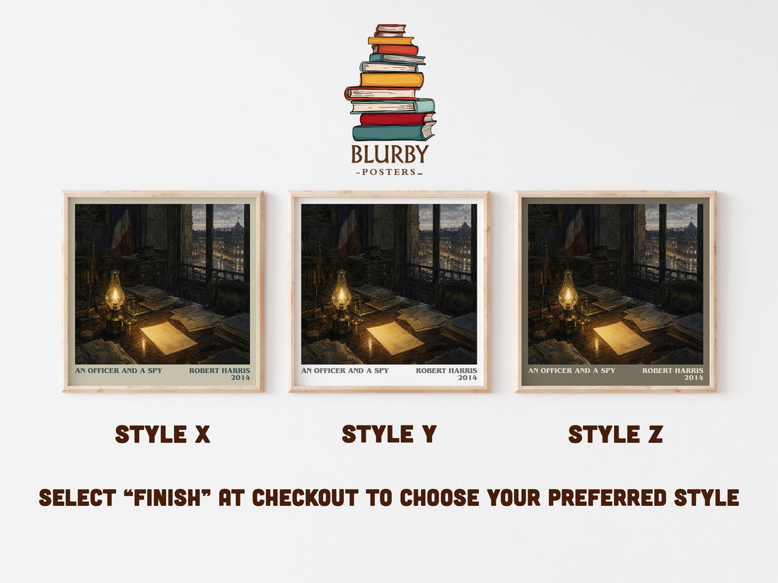 An Officer and a Spy literary print in frame leaning in hallway – historical fiction wall art (mockup)