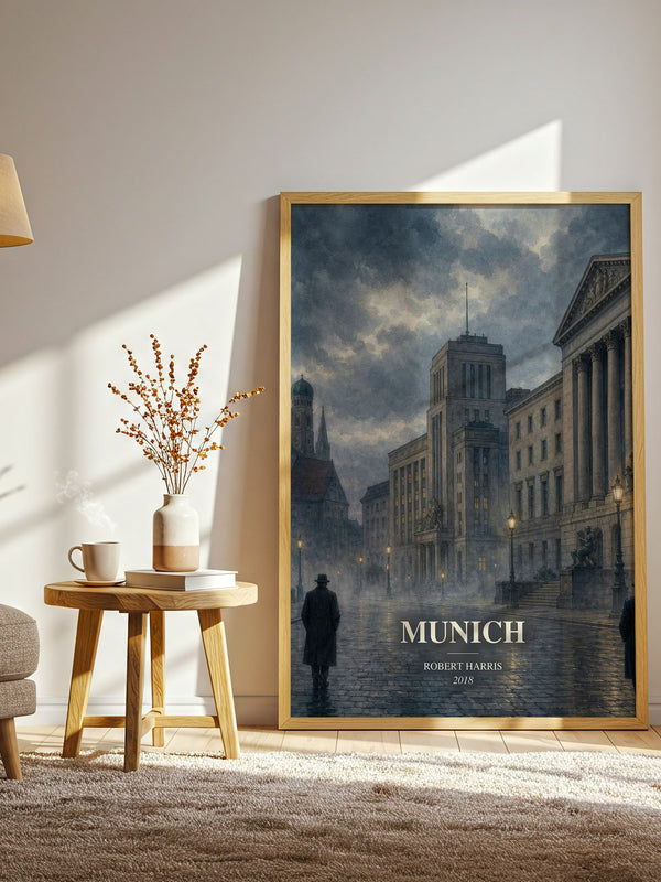 Munich watercolour print in frame leaning in hallway – historical fiction wall art