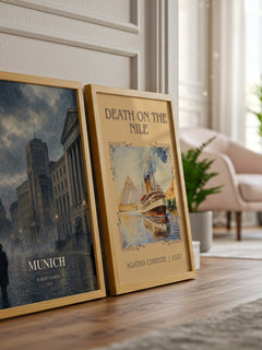 Munich watercolour print framed by window – literary home decor