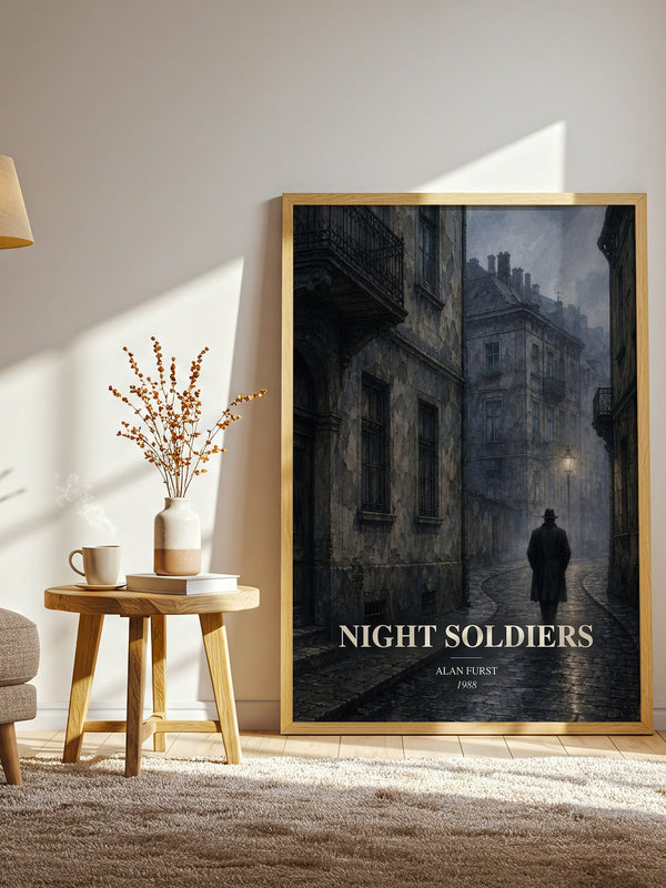 Night Soldiers watercolour print in frame leaning in hallway – thriller wall art