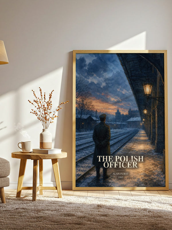 The Polish Officer watercolour print in frame leaning in hallway – thriller wall art