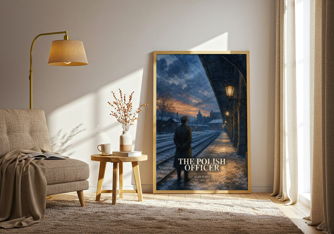 The Polish Officer watercolour print in frame leaning in hallway – thriller wall art (mockup)