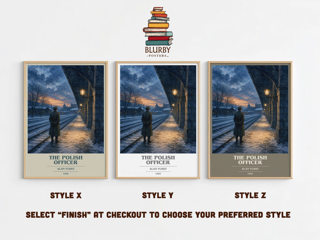 The Polish Officer book cover print in frame leaning in hallway – thriller wall art (mockup)
