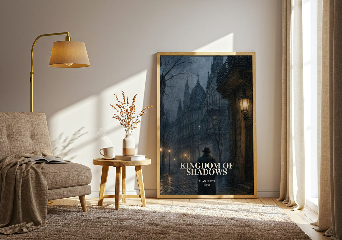 Kingdom of Shadows watercolour print in frame leaning in hallway – thriller wall art (mockup)