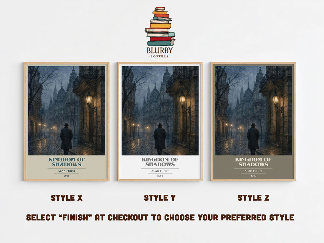 Kingdom of Shadows book cover print in frame leaning in hallway – thriller wall art (mockup)