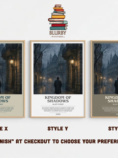Kingdom of Shadows bookish print in frame leaning in hallway – thriller wall art