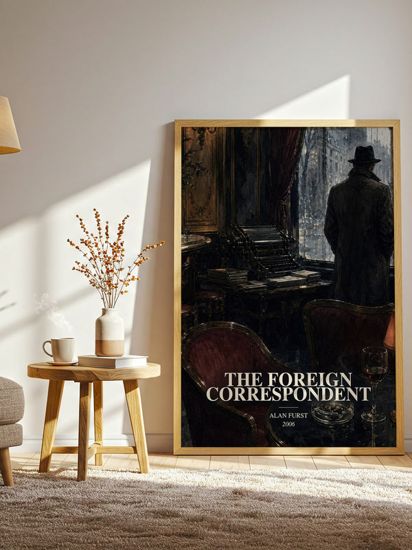 The Foreign Correspondent watercolour print in frame leaning in hallway – thriller wall art