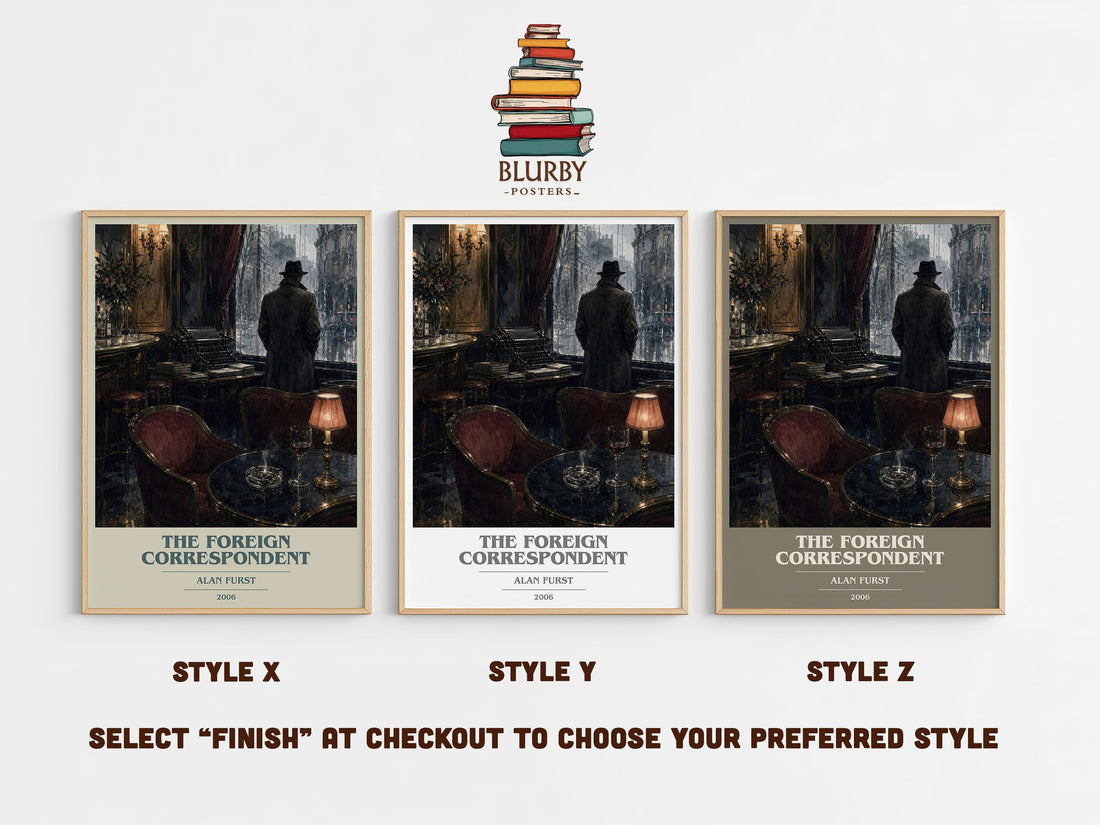 The Foreign Correspondent book cover print in frame leaning in hallway – thriller wall art (mockup)