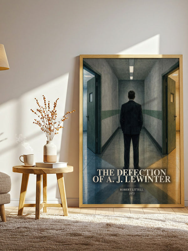 The Defection of A. J. Lewinter watercolour print in frame leaning in hallway – thriller wall art