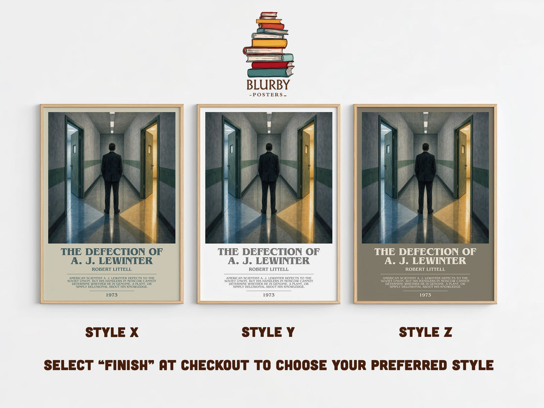 The Defection of A. J. Lewinter bookish print in frame leaning in hallway – thriller wall art (mockup)