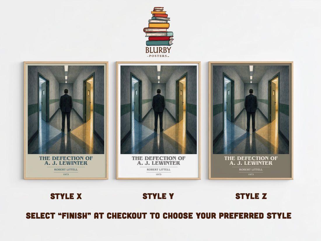 The Defection of A. J. Lewinter book cover print in frame leaning in hallway – thriller wall art (mockup)