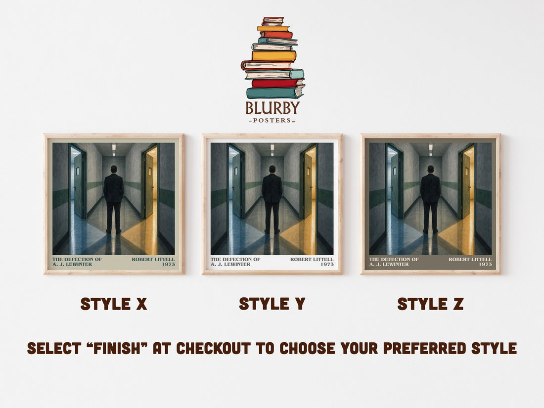 The Defection of A. J. Lewinter literary print in frame leaning in hallway – thriller wall art (mockup)