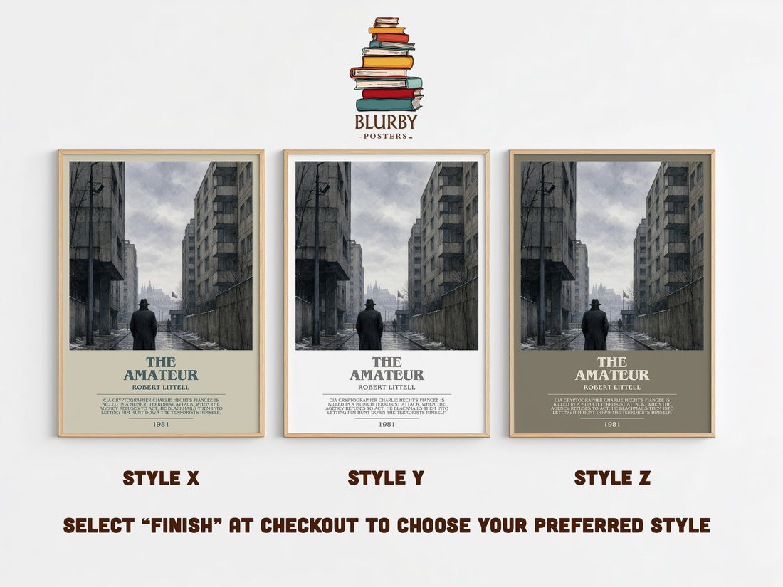 The Amateur bookish print in frame leaning in hallway – thriller wall art (mockup)